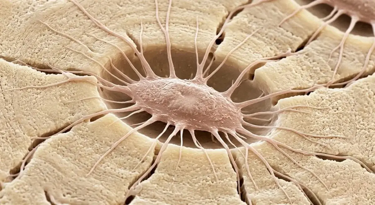 Osteocita nella sua lacuna con i prolungamenti canalicolari che si irradiano nella matrice ossea — microscopia elettronica colorizzata