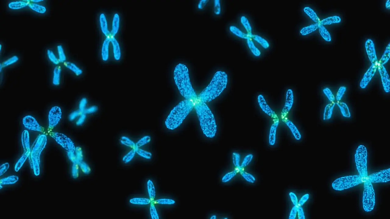 Immunofluorescence microscopy: human chromosomes in blue with green foci marking CENP-A proteins at centromere regions