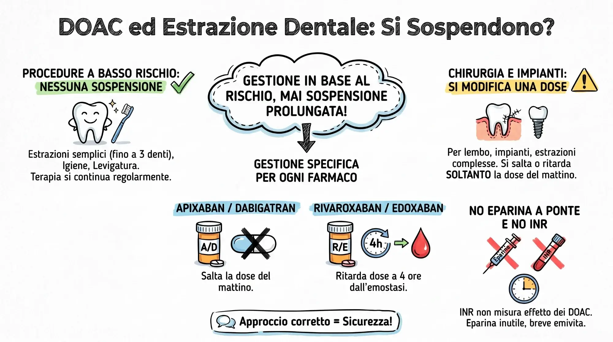 Illustrazione «DOAC ed estrazione dentale, si sospendono?»: nelle procedure a basso rischio nessuna sospensione; in chirurgia e implantologia si salta la dose del mattino di apixaban e dabigatran o si ritarda quella di rivaroxaban ed edoxaban a quattro ore dall'emostasi; niente eparina a ponte né INR.