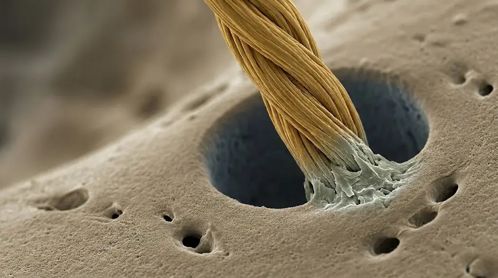 Illustrazione in stile microscopia elettronica colorizzata: un fascio intrecciato di fibre di collagene penetra nella corticale ossea e, all'ingresso, si mineralizza e si fonde con la matrice