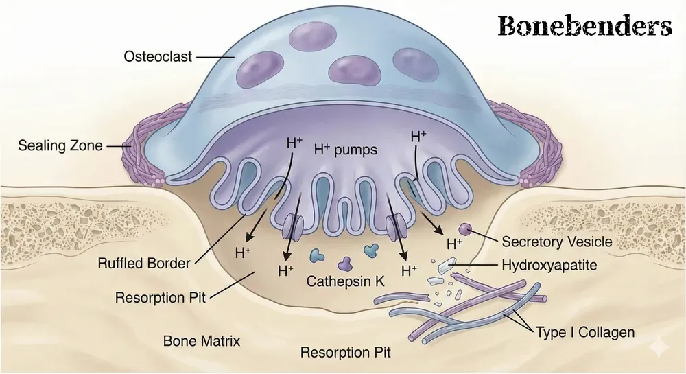 Illustrazione che mostra un osteoclasto in azione, evidenziando le zone di sigillo, il confine frastagliato, e i processi di riassorbimento del tessuto osseo. Rappresenta anche la secrezione di Cathepsina K e la produzione di ioni H+.
