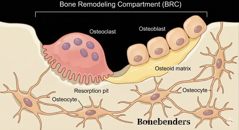 Illustrazione del Compartimento di Rimodellamento Osseo (BRC) che mostra le cellule osteoclasti, osteoblasti e osteociti, evidenziando il processo di riassorbimento e formazione dell