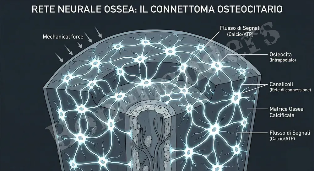 Diagramma illustrativo della rete neurale ossea, mostrando osteociti, canalicoli e flusso di segnali (calcio/ATP) in risposta a forze meccaniche.