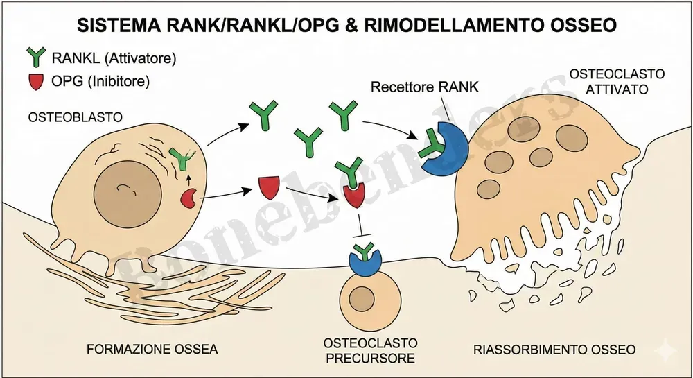 Diagramma che illustra il sistema RANK/RANKL/OPG e il processo di rimodellamento osseo, mostrando le relazioni tra osteoblasti, osteoclasti e i segnali attivatori e inibitori.